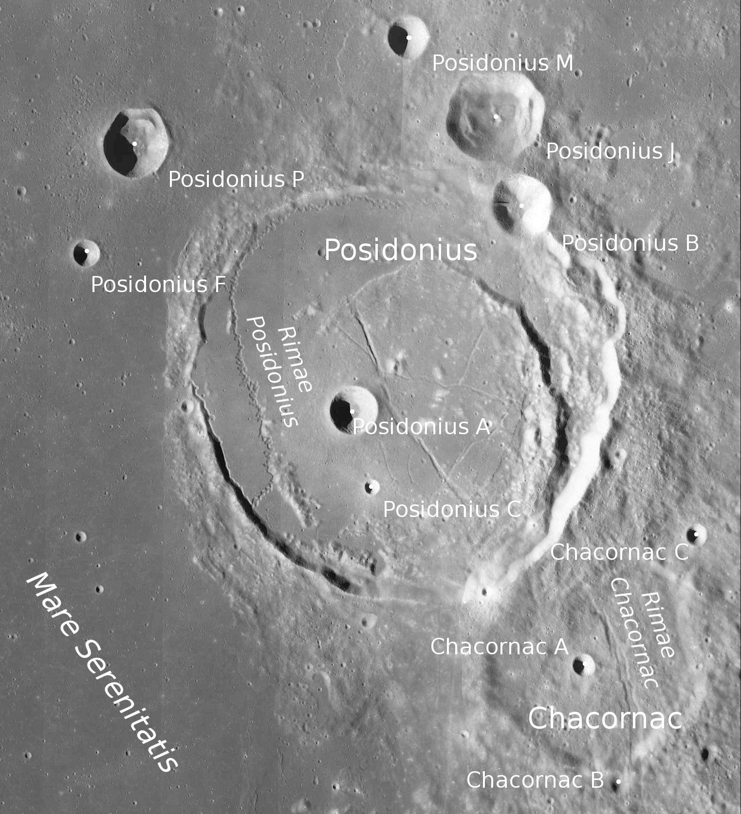 Le cratère Chacornac est situé au sud du grand cratère Posidonius. Photo domaine public/NASA