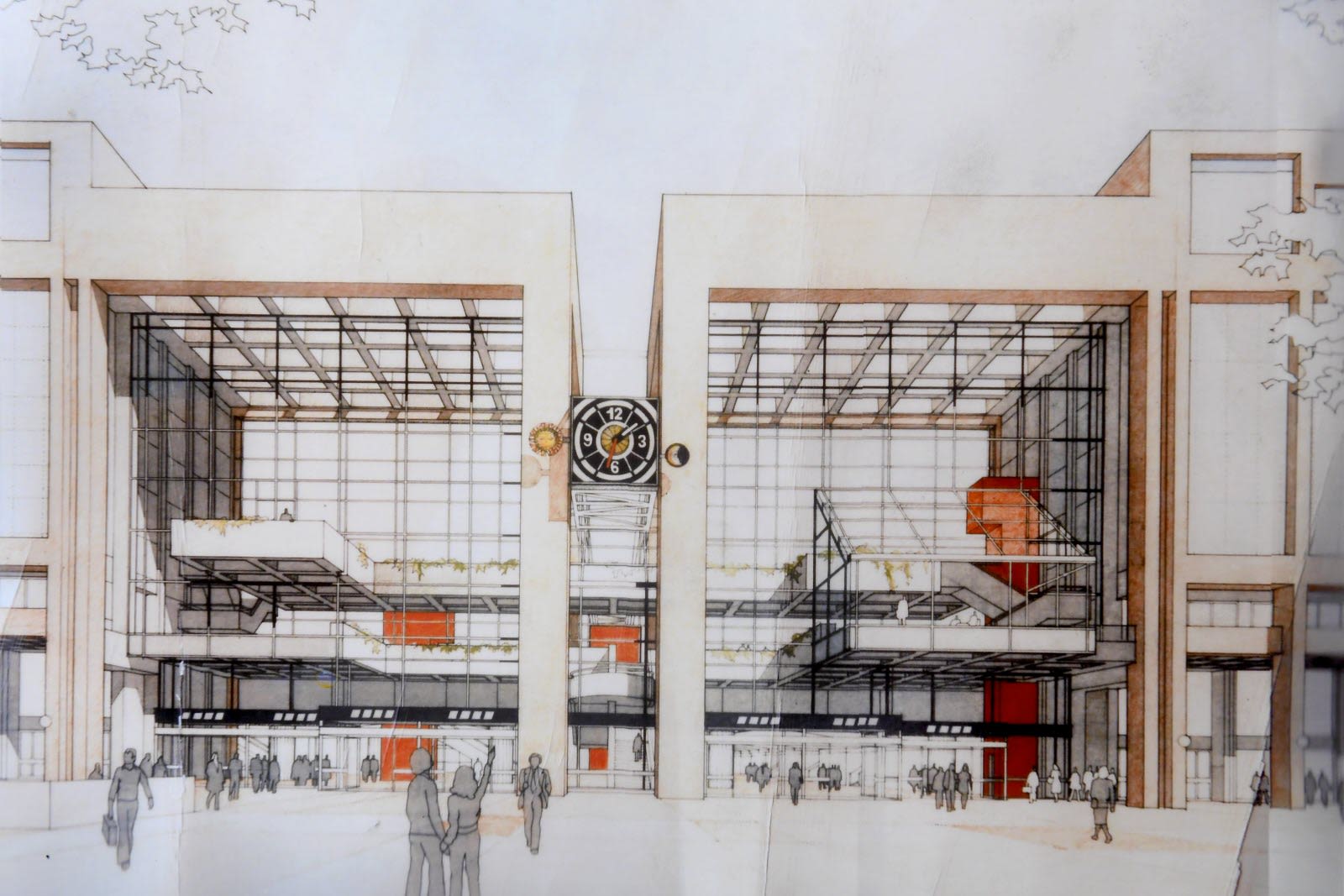 Le dessin original de la gare de la Part-Dieu: faible hauteur et caissons de couleurs préfabriqués. Archives Le Progrès/Cabinet d'architecture Girodet/Gachon