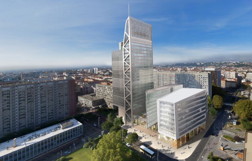 Au premier plan Silex1 livré en 2017, puis Silex 2 composé de l'ancienne tour EDF et de l'ajout qui s'élève à 130 mètres. Photo Le Progrès/Asylum-Ma Architectes